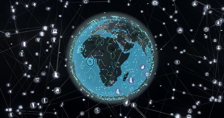 Image of glowing blue mesh of connections with icons over globe on black background