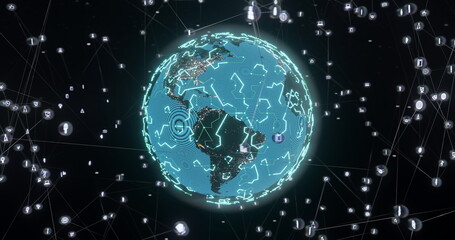 Image of glowing blue mesh of connections with icons over globe on black background
