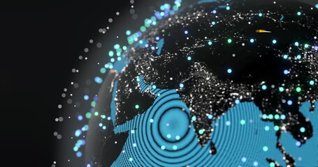 Image of glowing blue mesh of connections with icons over globe on black background