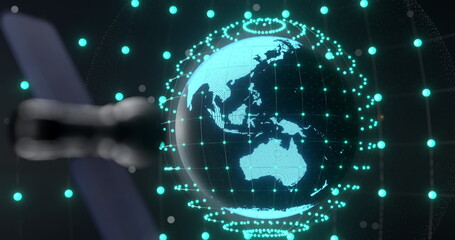 Image of glowing blue mesh of connections over globe on black background