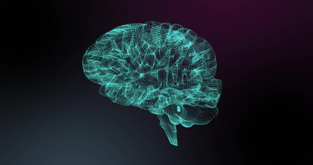 Image of glowing blue human brain spinning on black background - Powered by Adobe