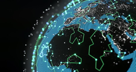 Image of glowing blue mesh of connections with icons over globe on black background