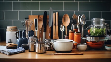 Cooking equipment in a modern kitchen, clean and sterile.