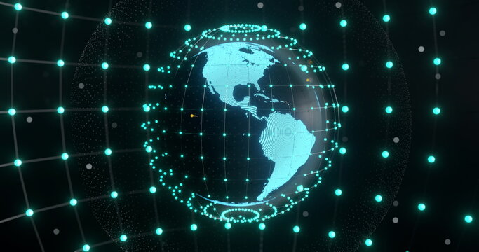 Image of glowing blue mesh of connections spinning over globe on black background