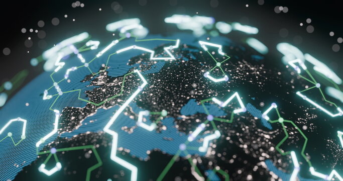 Image of glowing blue mesh of connections spinning over globe on black background
