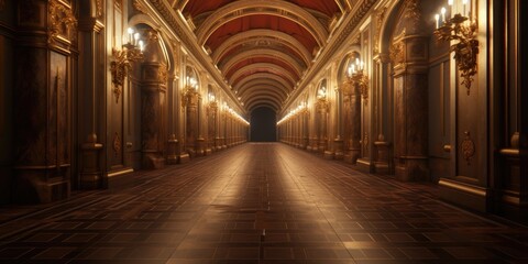 Opulent corridor emerged from grand hall with elaborate sheen. - obrazy, fototapety, plakaty