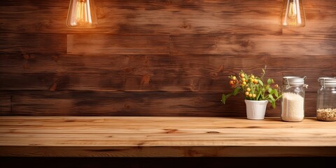 Wooden table and kitchen background with decorative style. Appliances and lamp concept.