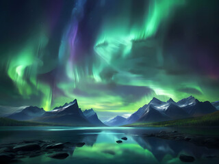 Obraz premium Beautiful Sky with Aurora and Stars - Green Northern Lights Background with Ample Copy Space.
