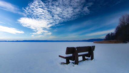 Bench in the Snow - Bank am See -  Winter - Cold - Background - Black - White - Landscape - Water - Lake - River - Concept - Snow  - obrazy, fototapety, plakaty
