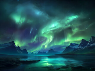 Fototapeta premium Beautiful Sky with Aurora and Stars - Green Northern Lights Background with Ample Copy Space.