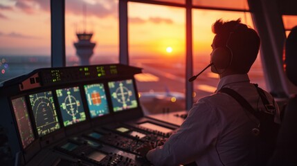 Man is controlling airplanes in air traffic tower