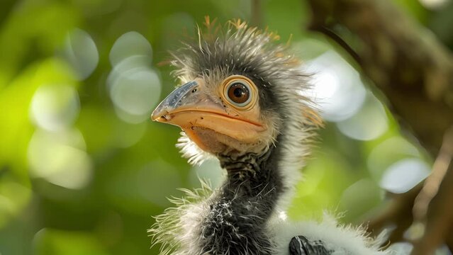 Closeup of a fluffy hornbill chick its tiny beak ly able to contain the loud squawk it produces as it begs for food from its parents high up in the canopy
