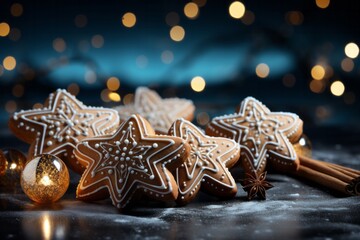 Gingerbread Star Cookies, on an isolated Starry Night Blue background, Generative AI