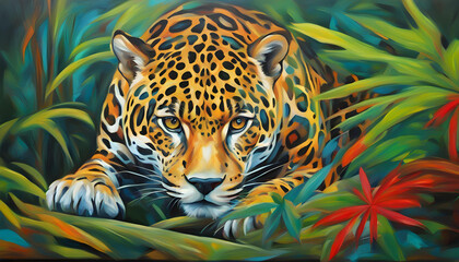 Jaguar in abstract style Jungle , oil painting.