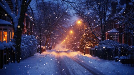 Snowfall in the road in late night of big busy city