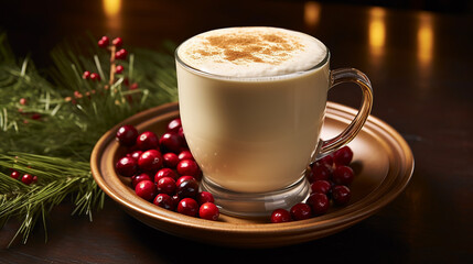 eggnog latte in a holiday-themed cafe.