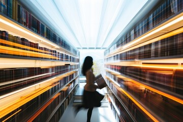 Woman in Library with Motion Blur: Concept of Knowledge on the Move in a Modern Educational Setting
