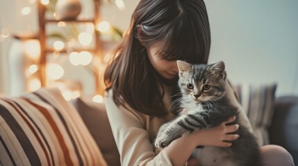 Woman Embracing Tabby Kitten: Tender Moments of Human-Pet Bonding in a Cozy Living Room