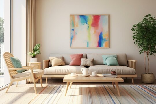 Bright corner, wooden living room, poster, couch. Generative AI