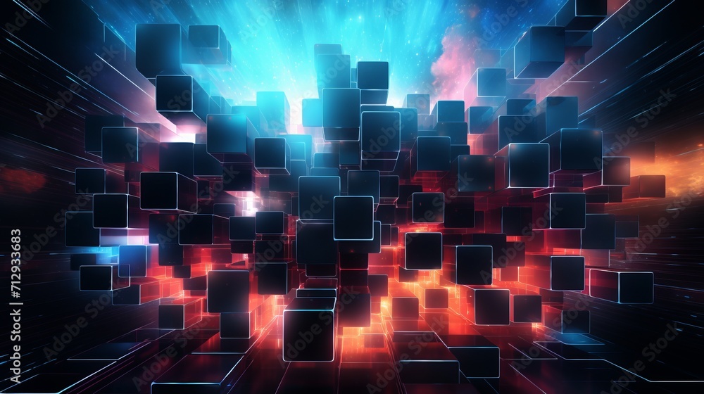 Poster vibrant geometric abstraction: digital cube pattern backdrop for modern designs