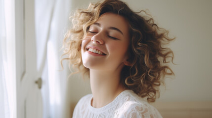 Curly-haired woman smiling by window