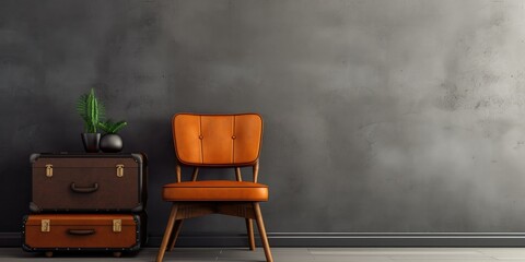 Mock up photo of loft interior featuring a textured concrete wall, black leather chair, and vintage wooden trunk. Background image allows for text placement.