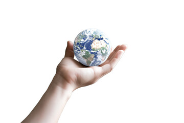 Environmental concept. Abstract illustration of human hand holding small planet Earth mockup. Minimalist style, white background with copy space