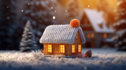 Naklejka premium Snow Covered Field with Small Wooden House