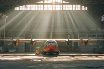 Vintage Propeller Aircraft in Hangar with Sunbeams

A classic propeller-driven aircraft bathed in the glow of sunbeams inside a spacious hangar, evoking a sense of aviation history. - obrazy, fototapety, plakaty