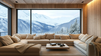  Corner sofa in room with wooden lining paneling wall and ceiling. Minimalist home interior design of modern living room in chalet, panoramic window with great winter snow mountain landscape view