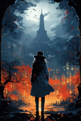 Silhouette of back woman detective girl in a hat and raincoat at night on street in city in the rain. Cover of the book of a spy detective noir novel