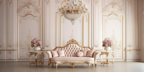 Expensive baroque-style furniture and decorative walls adorn a luxurious sitting room in beige pastel tones.