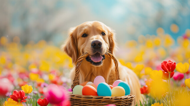 Hund mit Osterkorb mit Ostereiern