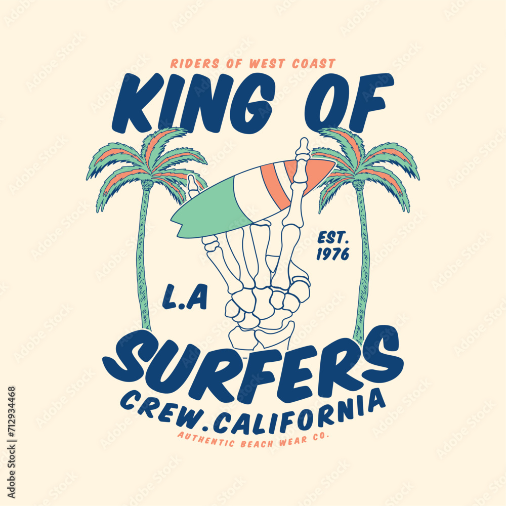 Poster tee print design with skeleton hand and surfboard drawing as vector