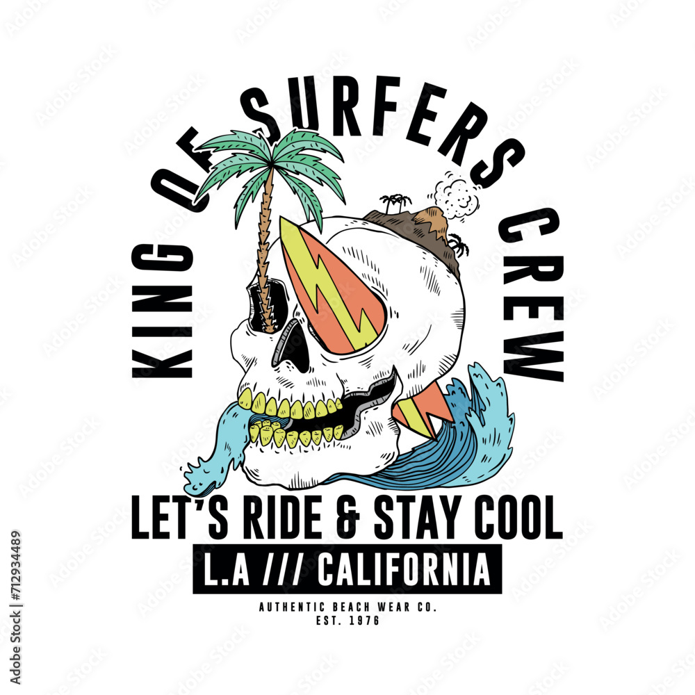 Poster print design with surfboard and skull drawing as vector