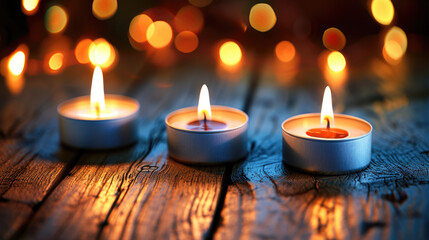 Three Lit Candles on Wooden Table