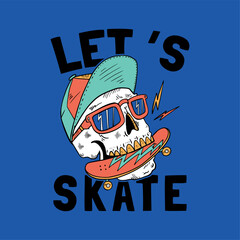 graphic tee design with skater skull drawing as vector