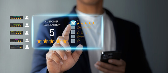 Customer review satisfaction feedback survey concept, User give rating to service experience on online application, Customer can evaluate quality of service leading to reputation ranking of business. - obrazy, fototapety, plakaty