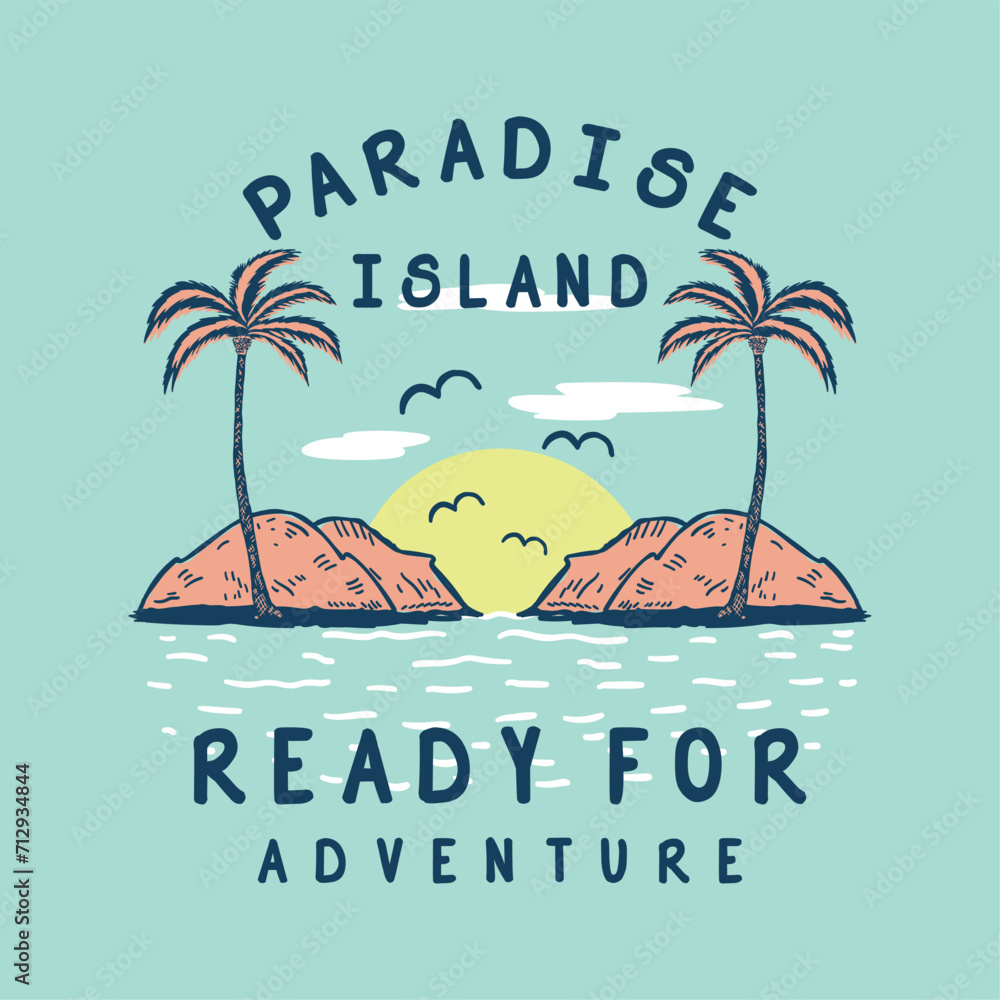 Poster textile print design with island drawing as vector