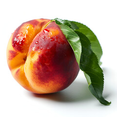 a tasty and juicy peach with leaves isolated on a white background