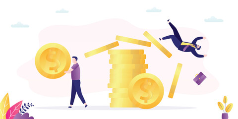 Financial problem or bankruptcy due to corruption or fraud, business collapse. Banker pulls money from stack of coins. Bad money management, debt. Loser businessman