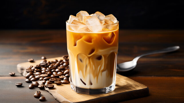 iced vanilla latte on wooden table in a sunny beach-themed outdoor cafe