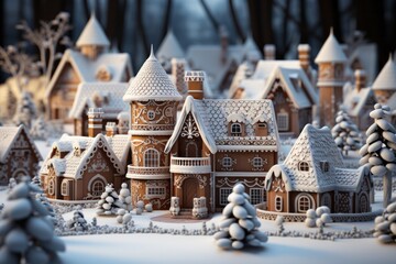 Gingerbread Village with Icing Snow, on an isolated Frosty White background, Generative AI