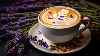 lavender honey latte in a quaint garden themed cafe - obrazy, fototapety, plakaty