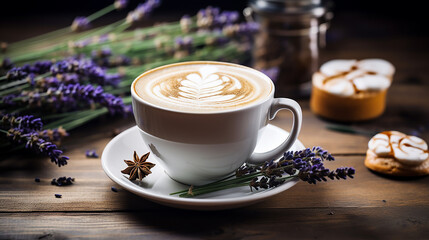 lavender honey latte on white cup in a quaint garden themed cafe