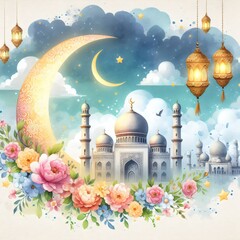 Ramadan Kareem greeting card with mosque, moon and flowers. Watercolor Illustration. Ramadan kareem, eid mubarak, muslim and eid fitr concept.