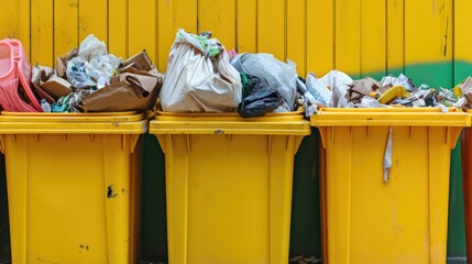 yellow plastic rubbish bins packed with waste, highlighting the issue of excess trash. - obrazy, fototapety, plakaty