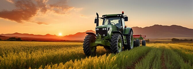 A farmer driving a tractor in a field, sunny day. - obrazy, fototapety, plakaty