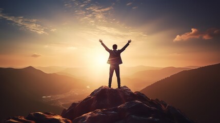 Happy man raising his arms jumping to the top of the mountain, successful businessman celebrating success on the cliff, business success concept silhouette backlit.