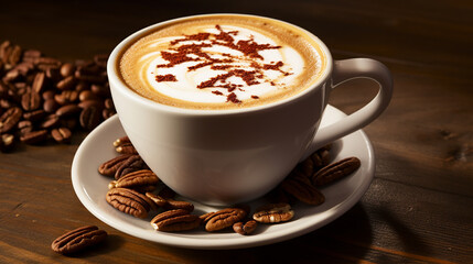 Obraz premium maple pecan latte in a canadian themed cafe. beautiful coffee art